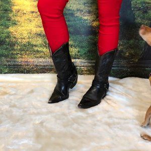 Black Leather Cowboy / Cowgirl Boots with Metal Ring